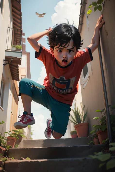 "Develop an illustration of a 6-year-old boy with prying eyes, assustado, caindo de uma escada. Use vibrant colors and detailed shading techniques to bring the scene to life. Highlight the expression of fear on the boys face and the dynamic movement of the...