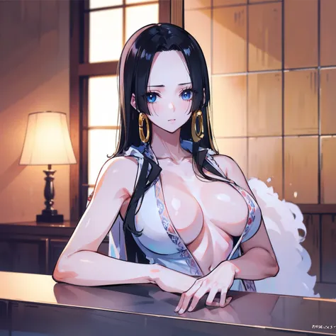 masterpiece, fine detail, 4k, 8k, 12k, solo, 1 person, beautiful girl, white female, upper body, black hair, Hancock from One Piece, bath