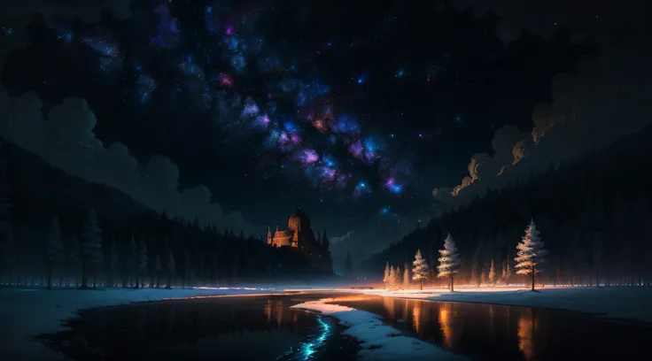 nature scenery, rich colour, Chiaroscuro, Dutch angle, surrealism, Rococo style, High detail, 4K, High details，Incredibly spectacular scene，There are no characters，Galaxy River，Concept art wallpaper，Anime fantasy