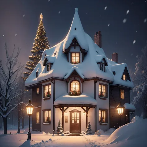 A house full of light in magical at a night of snowing, feel of happy Christmas, fantasy, fairies, wallpaper, printable, 8k --auto