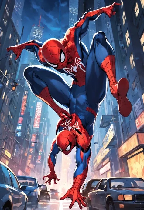 In a vibrant Spider-Man comic book, We can visualize an exciting scene of the hero in action. Hes hanging by his webs among the skyscrapers of a bustling city. His red and blue suit stands out against the night sky, while his athletic and determined postur...