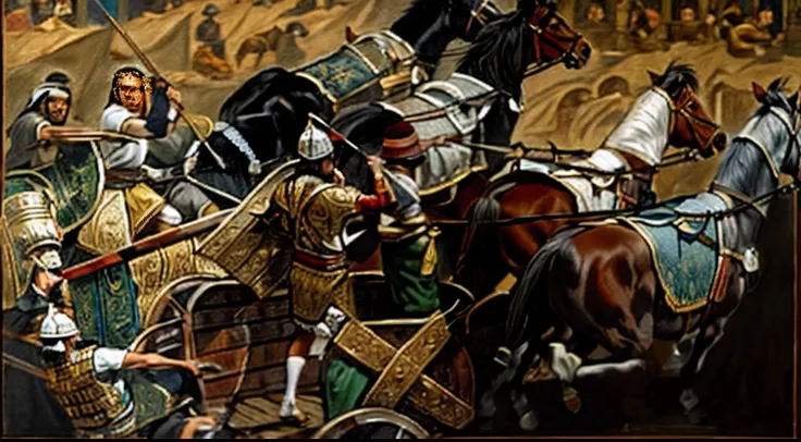 pintura de um grupo de homens montados no lombo de cavalos, trojan war, historical artistic depiction, Batalha distante de Cannae 216 a.C., Award-winning historical painting, hystorical painting, Directed by: Laszlo Balogh, comerciantes em fuga, Jantar de ...