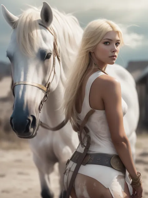 Portrait of a blonde warrior woman standing in front of her white horse, fully naked , photo-realistic, post-apocalypse.