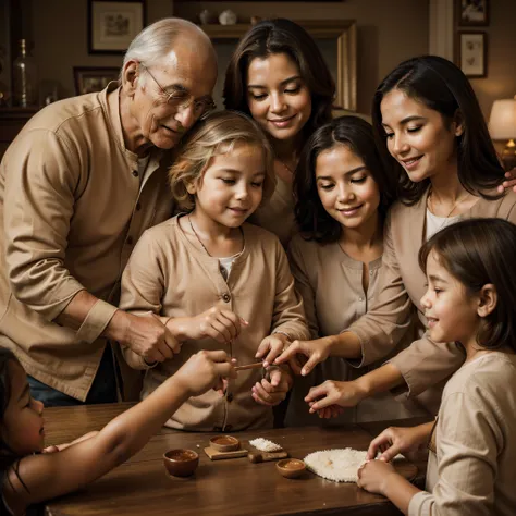 Craft a family portrait that encapsulates the essence of a lasting legacy across generations. Depict a scene where the wisdom of elders harmoniously blends with the curiosity and vitality of the young. Use a palette inspired by soft sepia and warm browns, ...