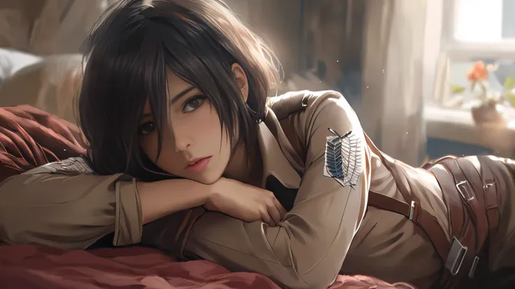 Mikasa lying on a bed with her arms crossed, papel de parede 4k, Arte realista, Makoto Shinkai e Artgerm, Real Art Wallpaper 4K, Real Art Wallpaper 4K, Real Art Wallpaper 8K, Art not Guweiz style, Realismo de real, highes definition