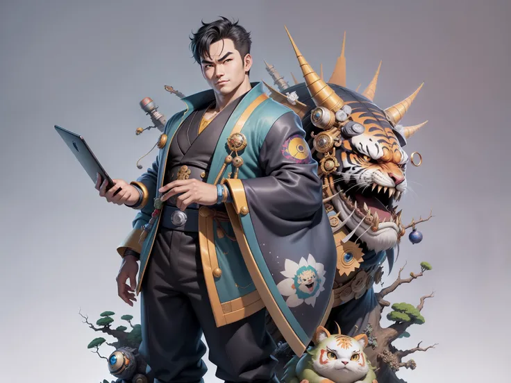 (Masterpiece), (Excellent), (Super Meticulous), (Full Body: 1.2), Super Young Man, Oriental Face, Japanese Kimono, Japanese Wind Thunder God, Dragon, Tiger, TV Anchor, Bust Portrait Illustration, Alone, Black Suit, Blue Tie, Slightly Chubby Face, Very Clea...