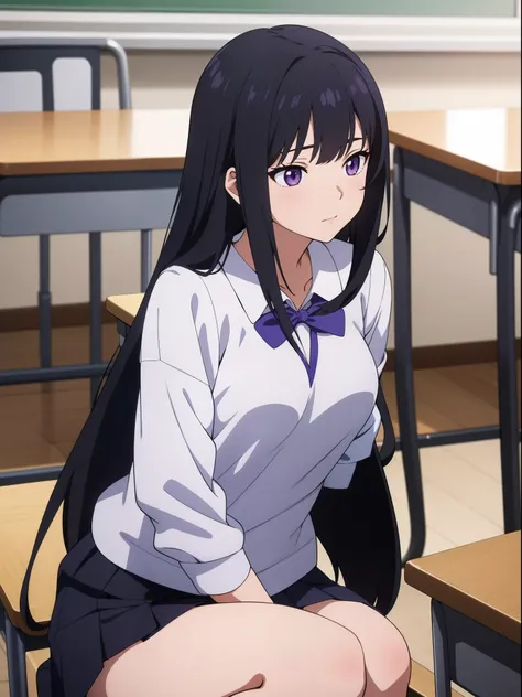 (masterpiece, best quality,) anime screencap, 1girl, 
black hair, medium-long hair, purple eyes, school outfit, medium breasts, calm face, sits in a classroom