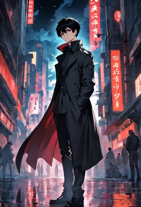 male people，a black trench coat，with short black hair，Crimson eyes，hands crossed，Stand on a tall building，Behind him stood the soul in full armor