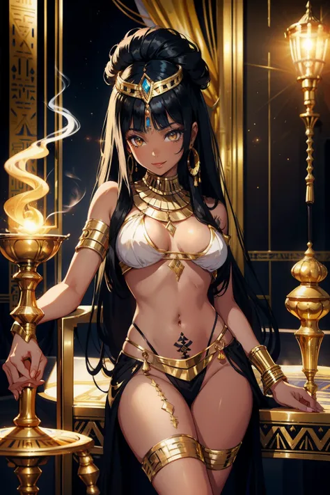 egyptian girl, black skin, egyptian hair, Cleopatras hair, black hair, Golden diadem on head, wearing white egipcian outfits, golden palace, Smoking on a golden hookah, , tattooed body,, , Smiling in an oasis, 4k