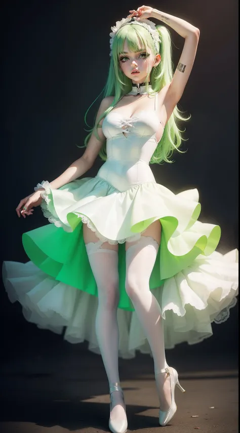 Emo girl with long neon green hair in a fully white ballerina outfit, full body