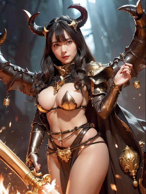 Professional , ​masterpiece、top-quality、photos realistic , depth of fields 、(A dark-haired) 、（Gemstone White Metal Body:1.4),(Matte Black、Jewel Gold Weapon,Gorgeous metal weapons ,Particles of light、（Fight dragons）、（Black wings）、Mystical expression、（（maiku...