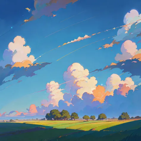 there is a painting of a plane flying over a green field, anime countryside landscape, in style of makoto shinkai, cosmic skies. by makoto shinkai, makoto shinkai. —h 2160, inspired by Makoto Shinkai, style of makoto shinkai, ( ( makoto shinkai ) ), anime ...