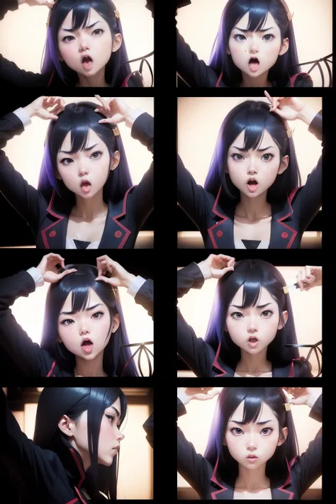 anime, photostrip from a photobooth: split images of {Character description}, different poses and angles, candid --niji 5