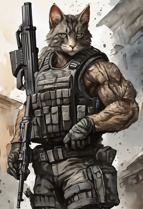 anthro cat, black SWAT outfit, detailed dark mascara, perfect skin, smiling, he is on the side of an Armored SWAT car, in a city, he is heavily armed with a rifle, rule of thirds, high quality background, ultra detailed scenery, ultra sharp focus, detailed...