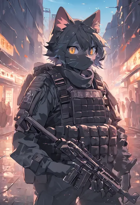 anthro cat, black SWAT outfit, detailed dark mascara, perfect skin, smiling, he is on the side of an Armored SWAT car, in a city, he is heavily armed with a rifle, rule of thirds, high quality background, ultra detailed scenery, ultra sharp focus, detailed...