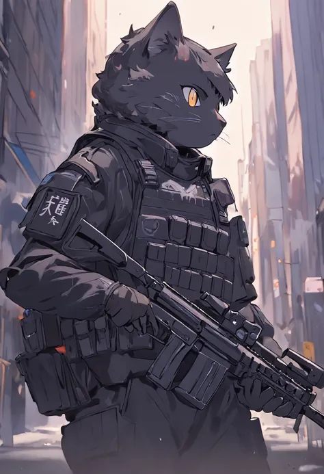 anthro cat, black SWAT outfit, detailed dark mascara, perfect skin, smiling, he is on the side of an Armored SWAT car, in a city, he is heavily armed with a rifle, rule of thirds, high quality background, ultra detailed scenery, ultra sharp focus, detailed...