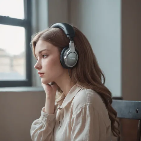 Sad lofi girl looking out the window having a headset on her head and playing with the pc mouse. Background wall have a peaceful painting