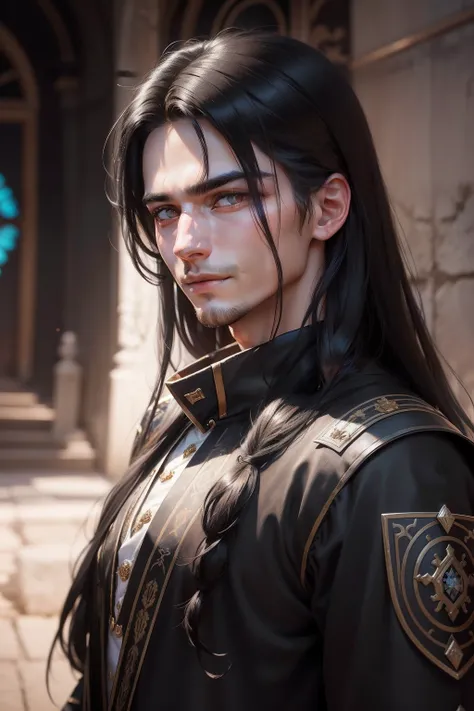 1 male with unique and attractive features, bright white skin, long and black hair that falls over his shoulders, ((big eyes, bright eyes, dark brown eyes, and these eyes carry a mysterious luster and hidden tale)). ((He has a warm and attractive smile tha...