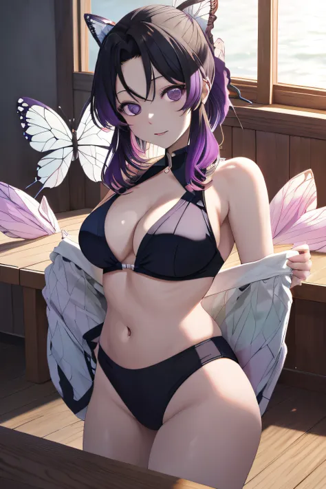 Kochou Shinobu, 1girl,master part, cabelos multicoloridos,manga, Purple eyes,decote, sbikini, ((sexy, lascivo, Erotica)) , Multiple Butterflies, , Lake sunset, Reflexo da lente, perfect lighting, extremely high quality, hands behind, coxas grossas, seios g...