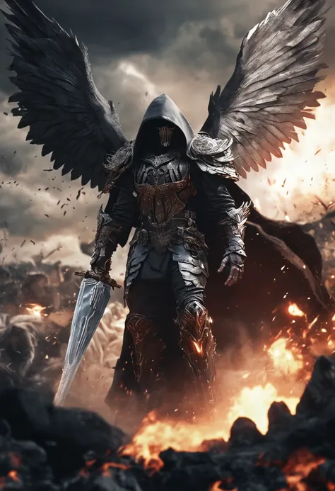 Realistic, 4K, Angels with big wings, Black clothes, one sword, Head hood in war background image (chaos)