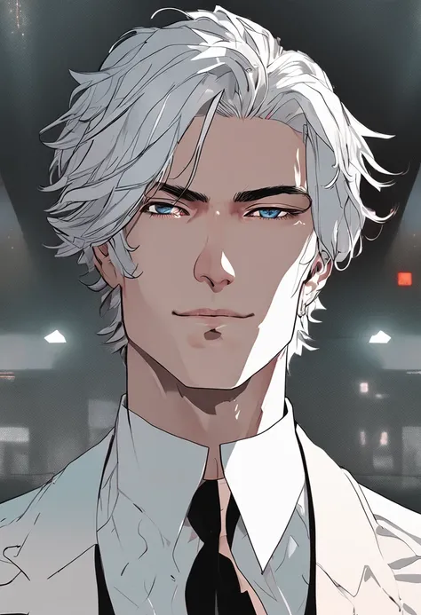 Side dorsal head, eBlue eyes, Beauty mole, cool guy, White hair, Seductive smile, hyper HD, blacksuit, white skinned, Persona diagram, The upper part of the body, High detail