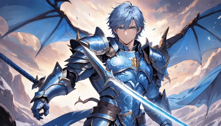 a man in armor holding a sword and a sword, a human male paladin, male paladin, blue armor, fantasy paladin, dragon inspired blue armor, pale blue armor, male warrior, shadowverse character concept, blue and ice silver color armor, fantasy warrior, epic pa...