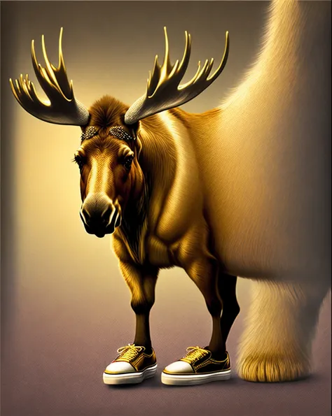 moose wearing gold colored shoes. Realistic