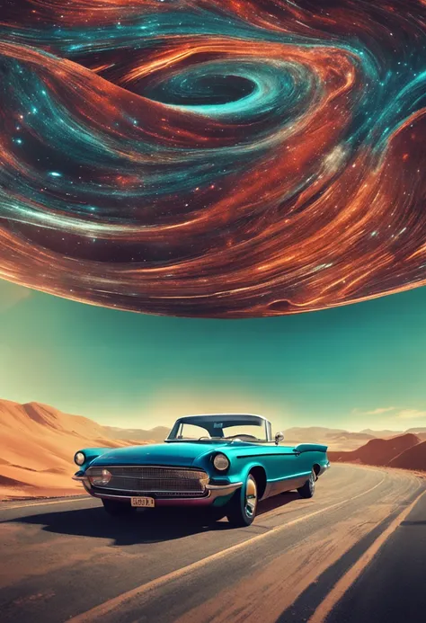 Imagine a classic car wandering through infinite space, estrellas espaciales, galaxias, planetas, high resolusion