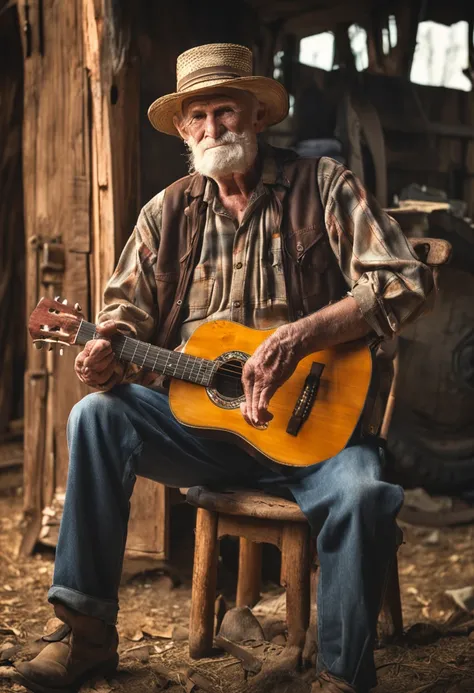 Old hillbilly playing guitar sitting on a wooden chair