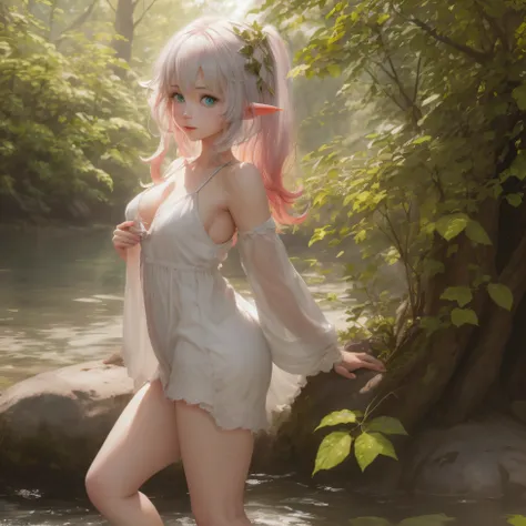 The elf stands and looks at the camera, Girl standing in nature, blue eyes and pink short hair, white transparent sundress, skinny waist, Slender figure, Appearance of the model, confusion, sexuality, pixie, elf ears, Beautiful ears, little chest, You can ...