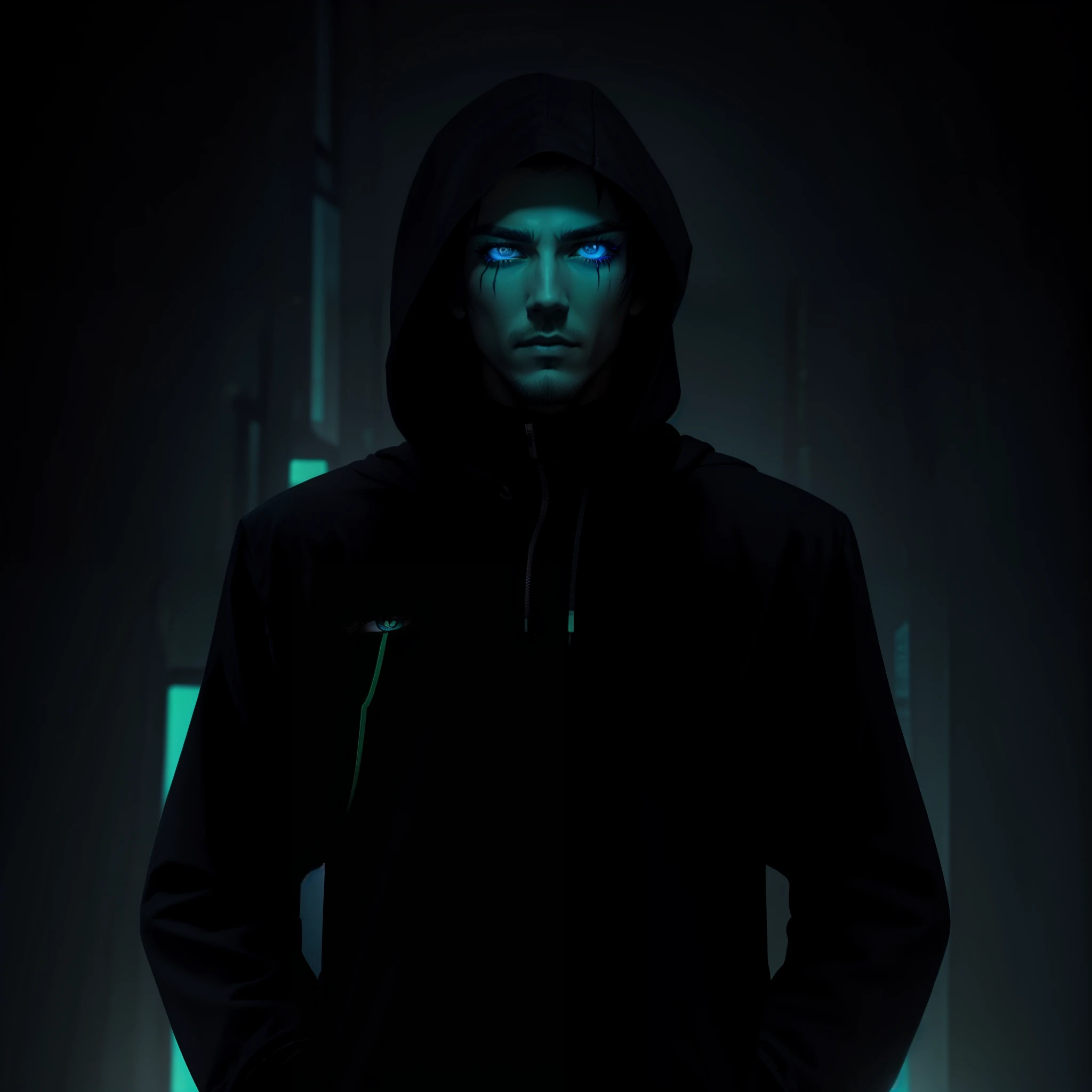 male character, hooded, cyberpunk, neon blue, mascara, neon green eyes