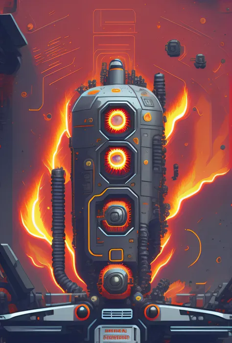 Illustrate a 64-bit icon of a fuel tank engulfed in flames using red, orange, and yellow for the fire and metallic grey for the tank. Place a small star-shaped badge in the upper corner.