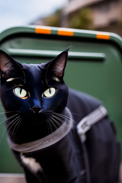 anthro cat, black SWAT outfit, detailed dark mascara, perfect skin, smiling, he is on the side of an Armored SWAT car, in a city, he is heavily armed with a rifle, rule of thirds, high quality background, ultra detailed scenery, ultra sharp focus, detailed...