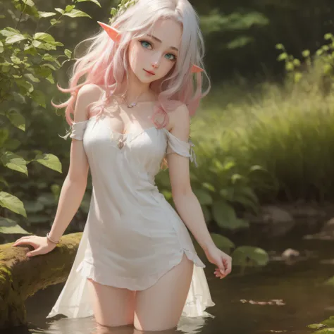 the elf stands and looks at the camera, girl standing in nature, blue eyes and pink short hair, white transparent sundress, skin...