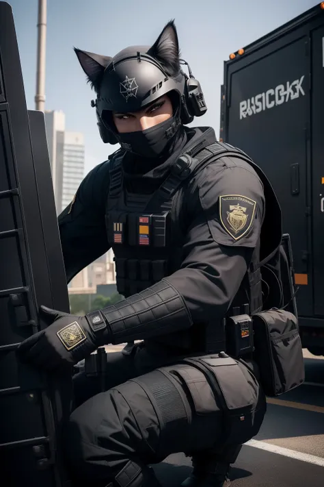 anthro cat, black SWAT outfit, detailed dark mascara, perfect skin, smiling, he is on the side of an Armored SWAT car, in a city, he is heavily armed with a rifle, rule of thirds, high quality background, ultra detailed scenery, ultra sharp focus, detailed...