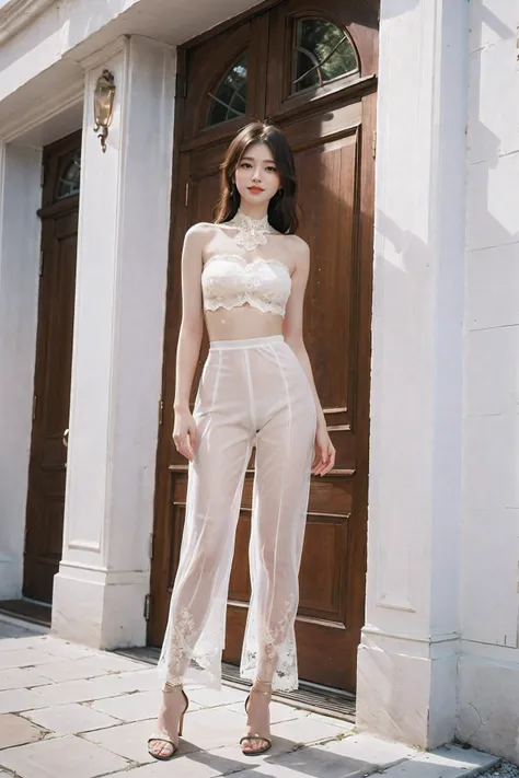 arafed woman in a strapless crop top and pants standing in front of a building,  formal attire,  intricate and detailed lace set,  wearing an elegant outfit,  full body full height,  cindy avelino,  full - body - front - shot,  cutout,  jumpsuit,  sheer,  ...