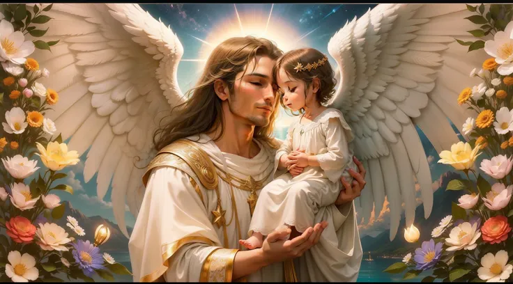 Close up de uma imagem do homem anjo, Archangel St. Raphael praying and blessing a child, com belas asas grandes e bonitas, perfeito, Reslistic, Biblical setting, celestial scenery, sol e nuvens ultras realistas, scenery with flowers and candles, Archangel...