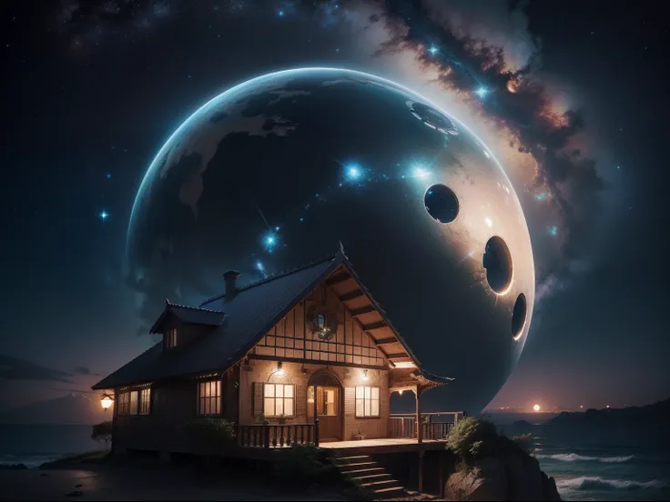 IMAGINE UMA CASA EM UMA NOITE DE LUAR COM ANJOS CELESTIAIS GUARDANDO A CASA