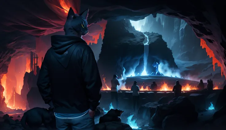 A cat-like hybrid man with a cats head and ear, wearing a sweatshirt with black cap made of cotton, jeans with checkered details, seen from the back;, heading towards a sinister cave with lava flowing down pillars that support the roof of the cave, Um lago...