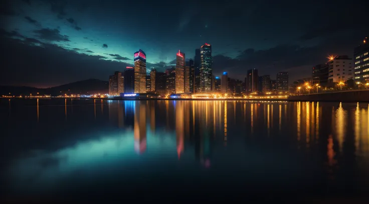 A nighttime cityscape with bright lights and reflections in the water, no estilo realista