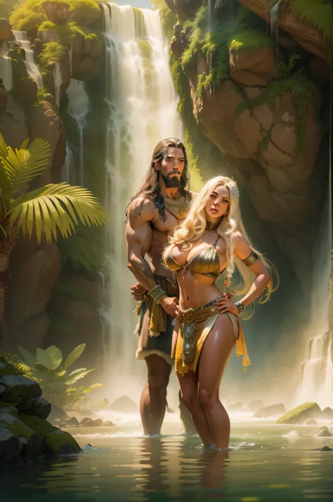 A highly realistic panoramic sunlight image of Tarzan and his blonde Jane with massive breasts, half-naked dressed in a loincloth of primeval man, both standing dripping with water in the crashing waters of a waterfall half surrounded by jungle trees in 10...