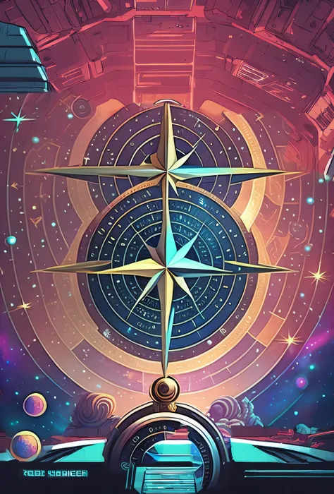 Create a 64-bit cosmic compass with celestial symbols and a starry sky background. Place a star-shaped badge as the compasss North symbol.