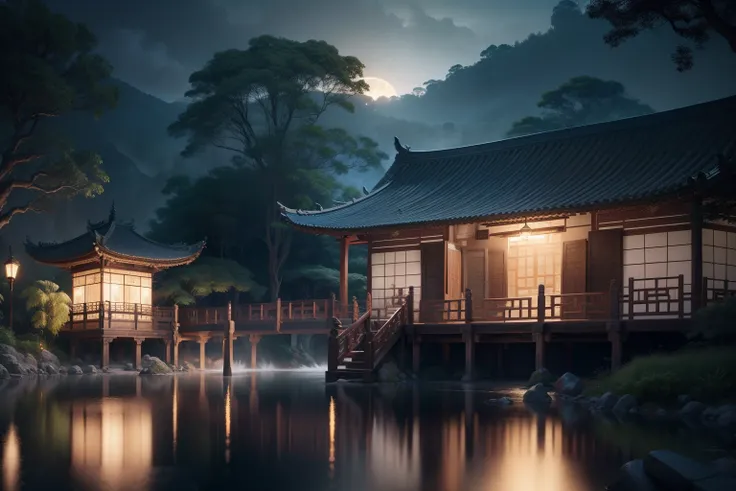 Arquitetura chinesa antiga, lua, noite, jardim, bambu, lago,  rocha, arco, canto, rocha, tree, Flowing Water, paisagem, ao ar livre, cachoeira, grama, rocha, nenúfare, fonte termal, water vapour, (illustration: 1.0), Epic composition, lifelike lighting, de...