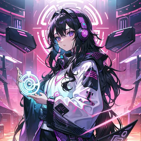 Mulher anime branca usando fones de ouvido pretos com asas de abelha com luzes led rgb, Medium-sized curly black wavy hair, sardas, covinhas, Purple eyes, Oversized black sweatshirt with cool design pattern, large eyelashes, DJ gamer menina, estilo phonk c...