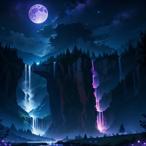 waterfall, night sky, full moon, purple moon, Giant moon, nebula, blue and purple tones, starry sky, 4k, ultra detailed, neon lighting