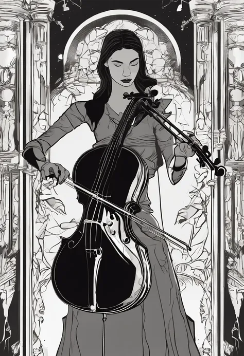 a girl in a black dress holding a cello and a violin, cello, also known as artemis the selene, bassist, double bass, (fantasy violin), , also known as artemis or selene, sona is a slender, morgana, amy sol in the style of, badass composition, equestria, sa...