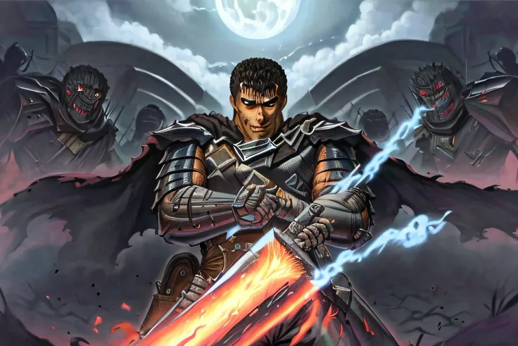 obra-prima, apenas um Guts de (berserk) na imagem, corpo musculoso, foco masculinidade, lua cheia, dark ilumination, segurando uma espada grande, apenas um olho, expression would be, rosto super detalhado, armadura negra (berserk)