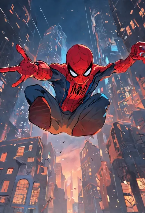 Follow up on the images from the previous prompt In a vibrant Spider-Man comic, We can visualize an exciting scene of the hero in action. Hes hanging by his webs among the skyscrapers of a bustling city. His red and blue suit stands out against the night s...