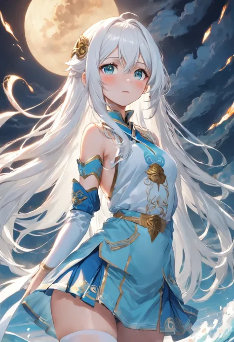 Golden eyes，Long white hair and white stockings，Cyan and blue clothes，Shoulders bare， China-style，Tall and tall，，Indifferent expression，Sea of clouds