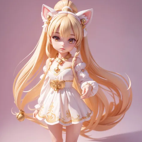 Anime-style expression,Cute girl,Double ponytail long hair with bell headdress,wears a white dress,Moderate stature，Show the girls whole body,Animal-shaped ears and tail,Highlight highlights and shadows,Pale color background，Wear jewelry on your hands，Hand...